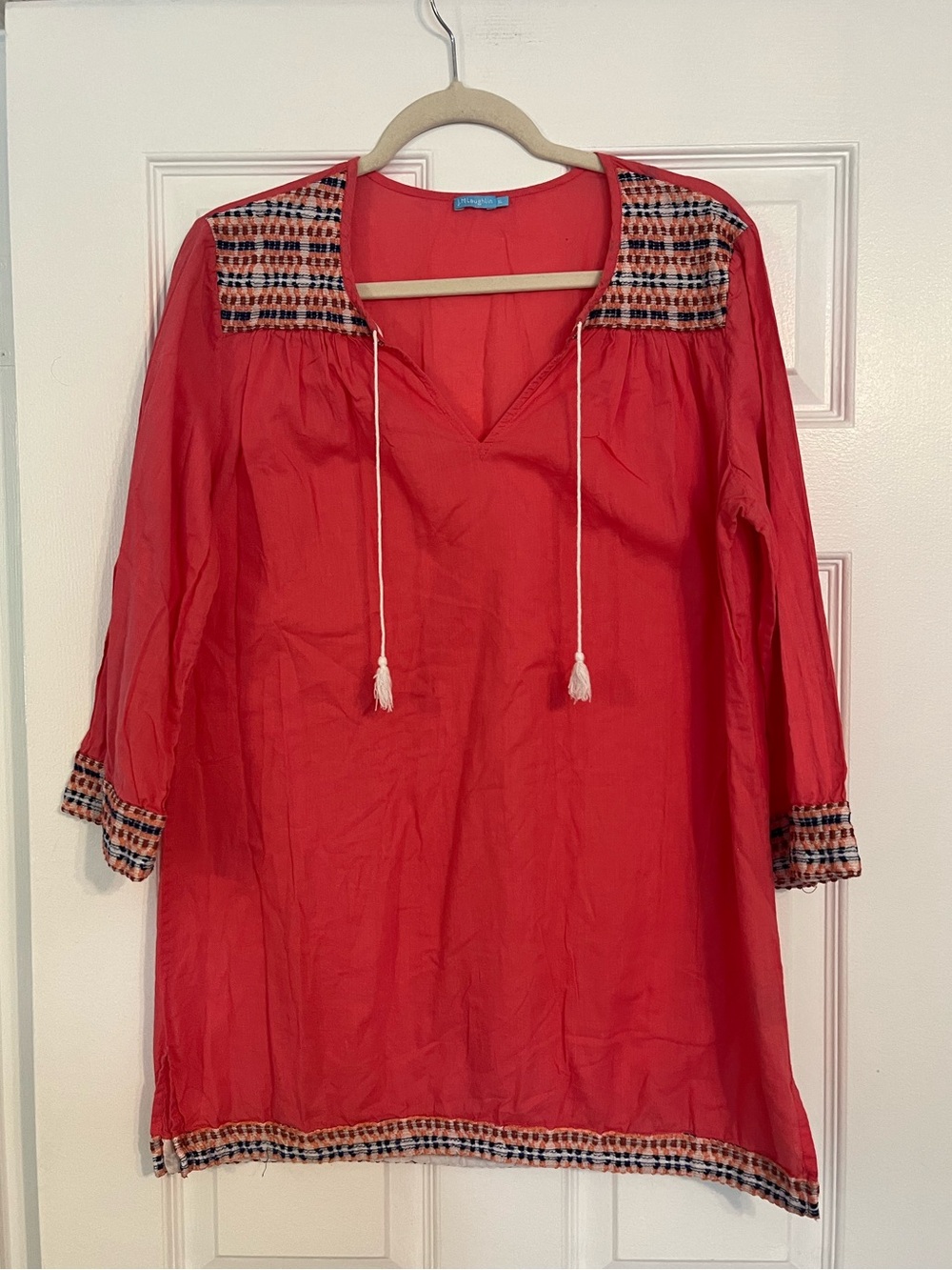 J. McLaughlin Pink Coral Embroidered Tassel Tunic